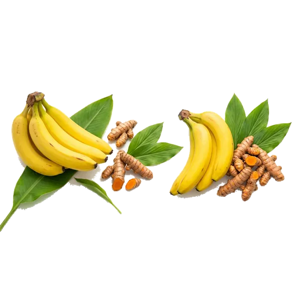 Fresh organic bananas and raw turmeric roots
