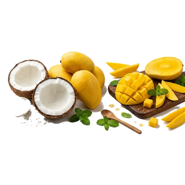Fresh coconuts and ripe yellow mangoes